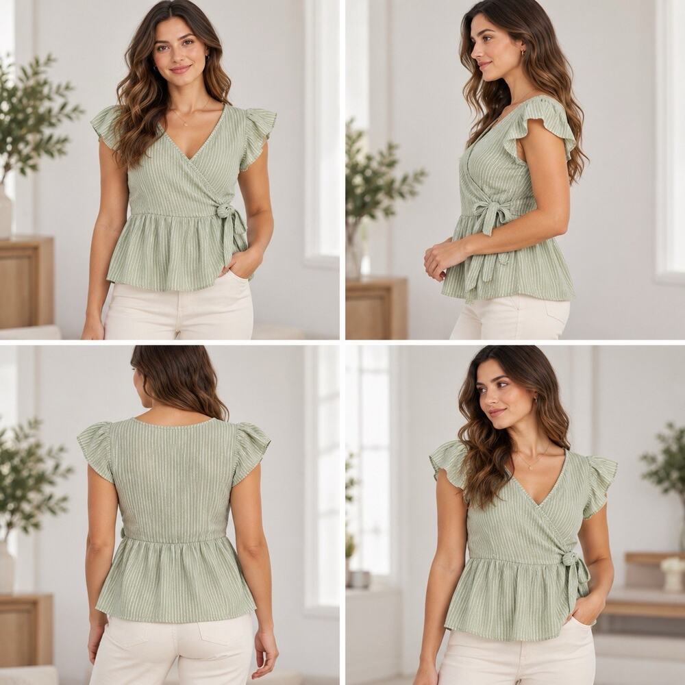 Green White Striped Wrap Blouse Flutter Sleeve Women’s M
